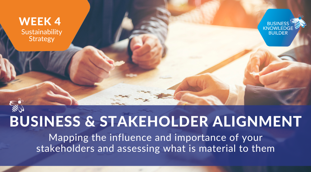 Sustainability Strategy: the Fundamentals week 4 course banner - Business & Stakeholder Alignment. A background image of a group pf hands piecing together a jigsaw puzzle. 