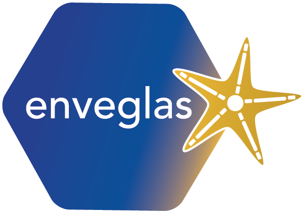 Hexagon logo with a dark blue fill. Enveglas is written across the centre, with a silhouette in gold of a starfish off to the right of the hexagon.